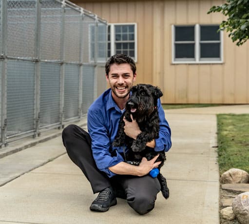 Staff hugging a dog