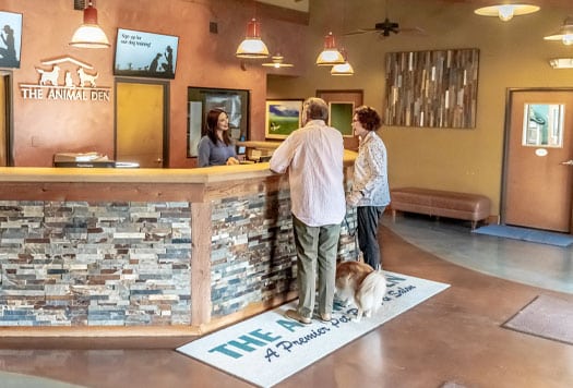 Guests with the dog at the front desk